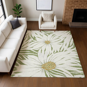 HomeRoots 10' Green Ivory and Gold Floral Indoor Outdoor Area Rug - Washable, Durable, All-Weather Design 641113