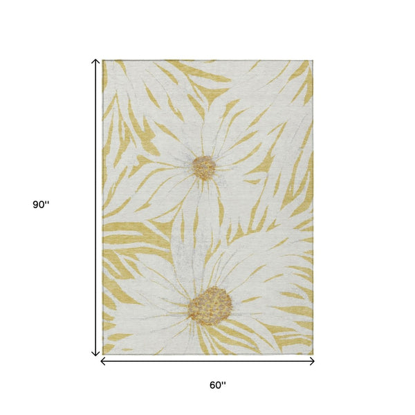 HomeRoots 5' X 8' Washable Gold & Ivory Floral Area Rug – Durable, Stain-Resistant Indoor/Outdoor Charm for Any Space 641115
