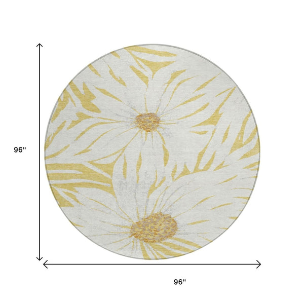 HomeRoots 8' Gold And Ivory Round Floral Indoor-Outdoor Rug - Washable, Durable, and Elegant for Any Space 641116
