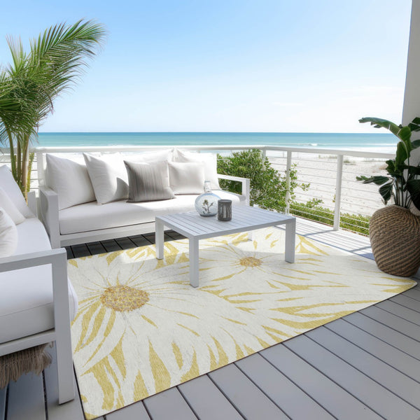 HomeRoots 9' X 12' Gold and Ivory Floral Indoor Outdoor Area Rug – Durable, Easy-Care, Stain Resistant Design! 641118