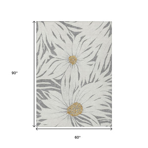 HomeRoots 5' Gray, Ivory & Gold Floral Washable Area Rug - Durable Indoor/Outdoor Design for Easy Care & Style 641121