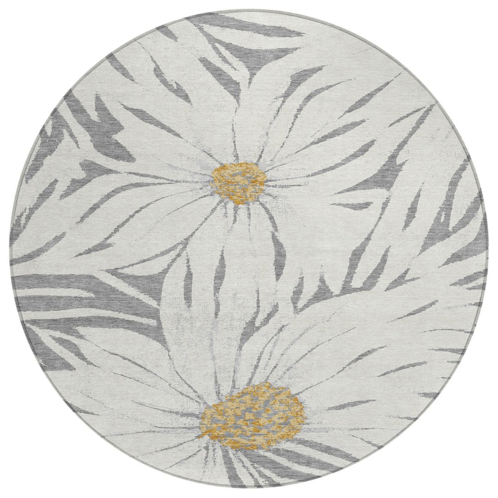 HomeRoots 8' Round Floral Area Rug in Gray, Ivory & Gold - Washable, Durable for Indoor & Outdoor Use 641122