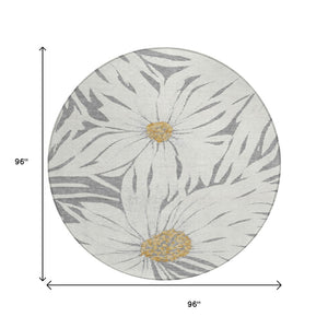 HomeRoots 8' Round Floral Area Rug in Gray, Ivory & Gold - Washable, Durable for Indoor & Outdoor Use 641122