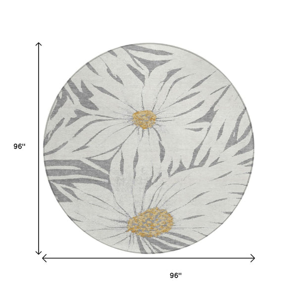 HomeRoots 8' Round Floral Area Rug in Gray, Ivory & Gold - Washable, Durable for Indoor & Outdoor Use 641122
