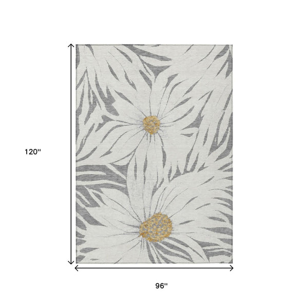 HomeRoots 8' X 10' Elegant Gray, Ivory & Gold Floral Area Rug – Durable, Washable, Indoor/Outdoor Design for All Spaces 641123
