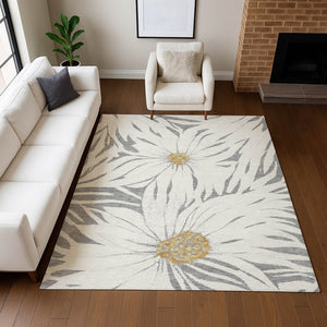 HomeRoots 8' X 10' Elegant Gray, Ivory & Gold Floral Area Rug – Durable, Washable, Indoor/Outdoor Design for All Spaces 641123