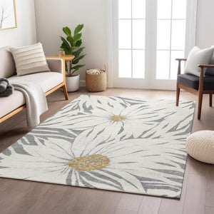 HomeRoots 8' X 10' Elegant Gray, Ivory & Gold Floral Area Rug – Durable, Washable, Indoor/Outdoor Design for All Spaces 641123