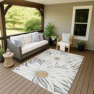 HomeRoots 9' X 12' Stylish Gray Ivory Gold Floral Washable Rug for Indoor & Outdoor Use – Durable & Versatile 641124