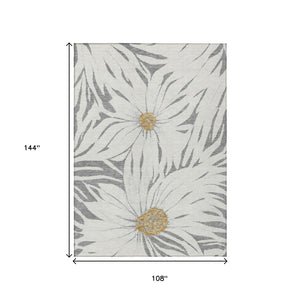 HomeRoots 9' X 12' Stylish Gray Ivory Gold Floral Washable Rug for Indoor & Outdoor Use – Durable & Versatile 641124
