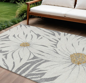 HomeRoots 10' Gray Ivory and Gold Floral Washable Indoor-Outdoor Area Rug - Elegant, Durable, Easy Care Design! 641125