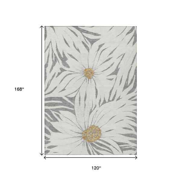 HomeRoots 10' Gray Ivory and Gold Floral Washable Indoor-Outdoor Area Rug - Elegant, Durable, Easy Care Design! 641125