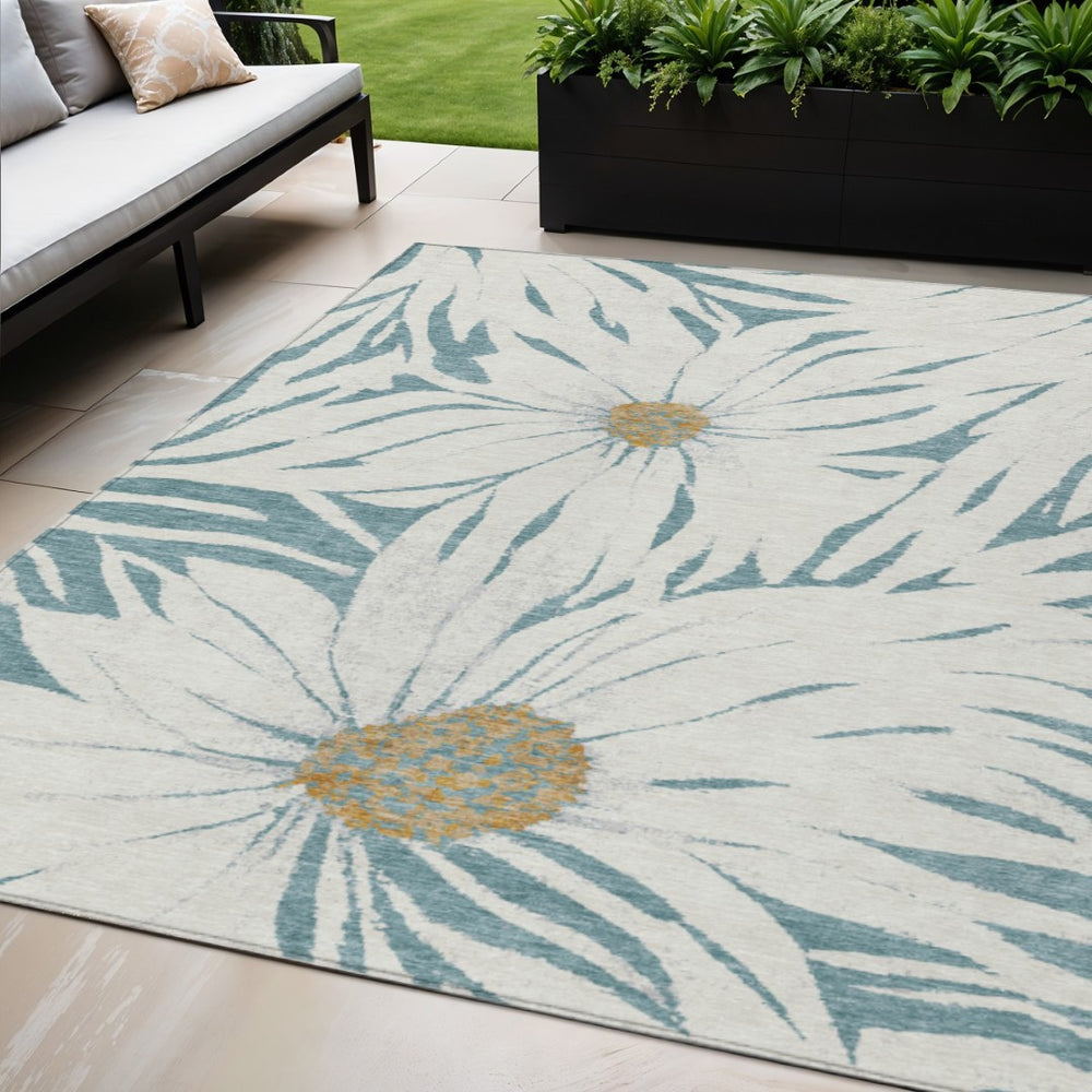 HomeRoots 5' X 8' Teal Blue Floral Area Rug - Durable Indoor/Outdoor Design, Easy Care, Stylish & Slip-Resistant 641127