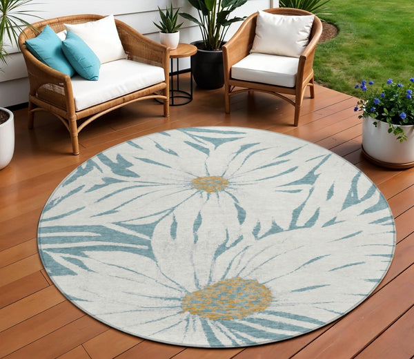 HomeRoots 8' Teal Blue Floral Area Rug - Elegant Round Design, Machine Washable for Indoor & Outdoor Spaces 641128