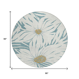 HomeRoots 8' Teal Blue Floral Area Rug - Elegant Round Design, Machine Washable for Indoor & Outdoor Spaces 641128