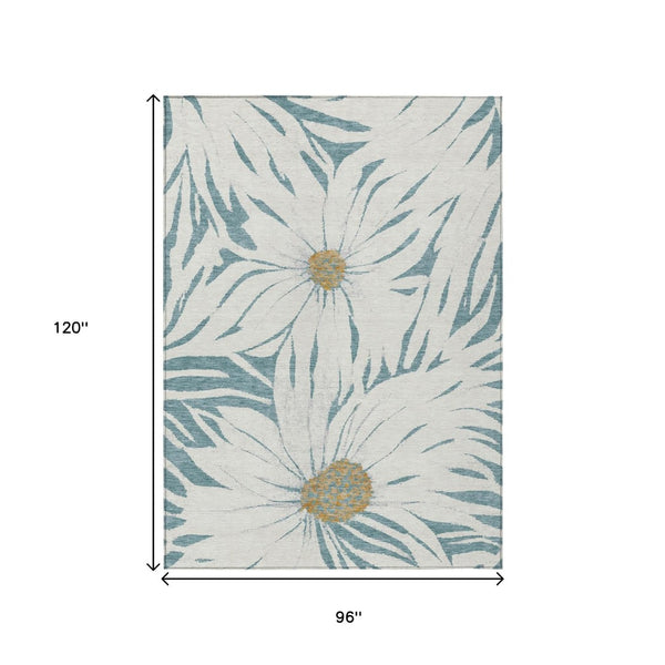 HomeRoots 8' X 10' Teal Blue Ivory Gold Floral Area Rug - Washable, Durable, Indoor/Outdoor, Family-Friendly! 641129