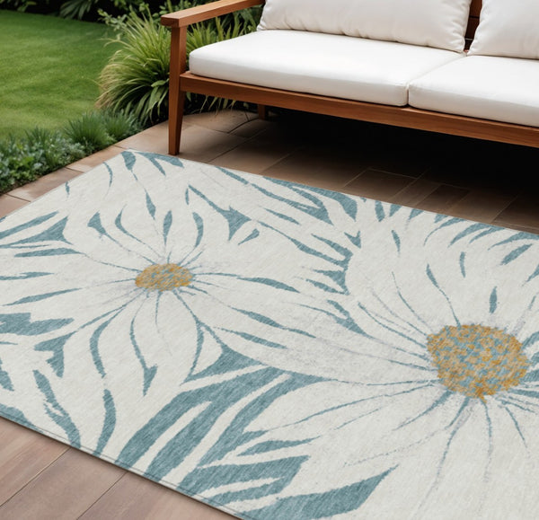 HomeRoots 8' X 10' Teal Blue Ivory Gold Floral Area Rug - Washable, Durable, Indoor/Outdoor, Family-Friendly! 641129