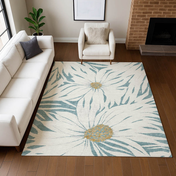 HomeRoots 8' X 10' Teal Blue Ivory Gold Floral Area Rug - Washable, Durable, Indoor/Outdoor, Family-Friendly! 641129