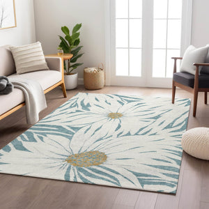 HomeRoots 8' X 10' Teal Blue Ivory Gold Floral Area Rug - Washable, Durable, Indoor/Outdoor, Family-Friendly! 641129