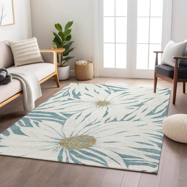 HomeRoots 8' X 10' Teal Blue Ivory Gold Floral Area Rug - Washable, Durable, Indoor/Outdoor, Family-Friendly! 641129