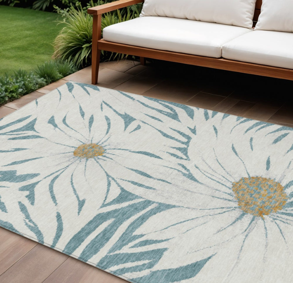HomeRoots 9' Stylish Teal Blue, Ivory & Gold Floral Washable Rug - Durable Indoor/Outdoor Elegance for Any Space 641130
