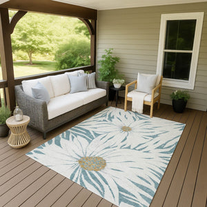 HomeRoots 9' Stylish Teal Blue, Ivory & Gold Floral Washable Rug - Durable Indoor/Outdoor Elegance for Any Space 641130