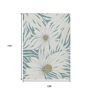 HomeRoots 9' Stylish Teal Blue, Ivory & Gold Floral Washable Rug - Durable Indoor/Outdoor Elegance for Any Space 641130