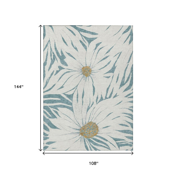 HomeRoots 9' Stylish Teal Blue, Ivory & Gold Floral Washable Rug - Durable Indoor/Outdoor Elegance for Any Space 641130