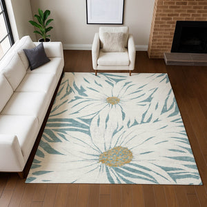 HomeRoots 9' Stylish Teal Blue, Ivory & Gold Floral Washable Rug - Durable Indoor/Outdoor Elegance for Any Space 641130