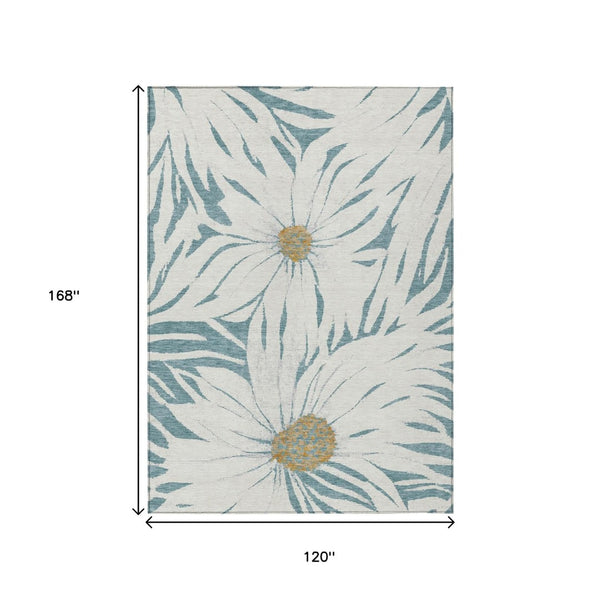 HomeRoots 10' Teal Blue Floral Area Rug - Washable, Stain-Resistant Indoor/Outdoor Carpet for All Spaces 641131