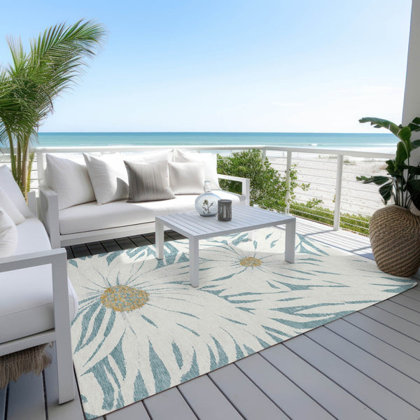 HomeRoots 10' Teal Blue Floral Area Rug - Washable, Stain-Resistant Indoor/Outdoor Carpet for All Spaces 641131