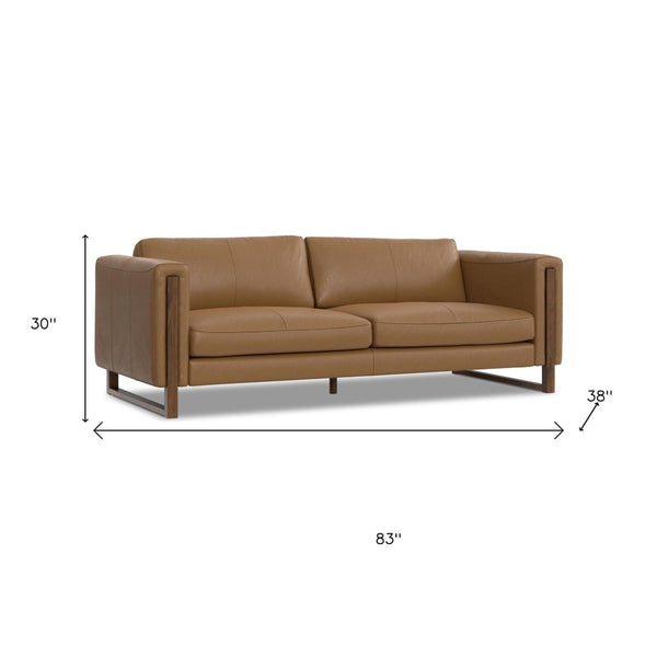 HomeRoots 83" Brown Leather Sofa with Walnut Legs - Stylish, Durable, and Comfortable 3-Seater for Any Living Room 641134