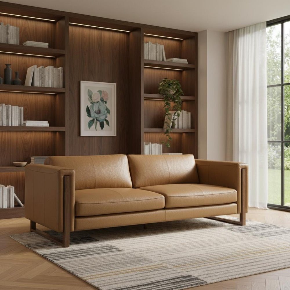 HomeRoots 83" Brown Leather Sofa with Walnut Legs - Stylish, Durable, and Comfortable 3-Seater for Any Living Room 641134