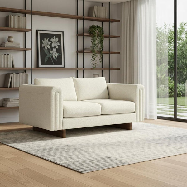 HomeRoots 61" Ivory Fabric Sofa with Stylish Walnut Legs - Compact, Comfortable Seating for Modern Spaces 641135