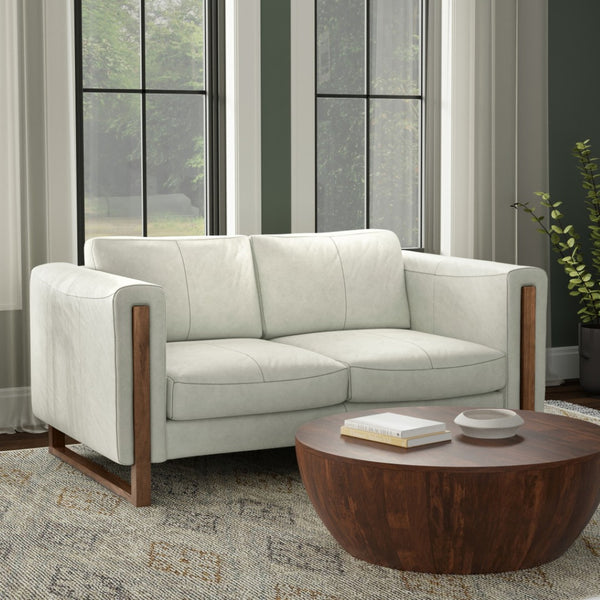 HomeRoots 62" Gray Leather Sofa – Modern Design with Walnut Legs, Plush Seating for 2, and Easy Maintenance 641136