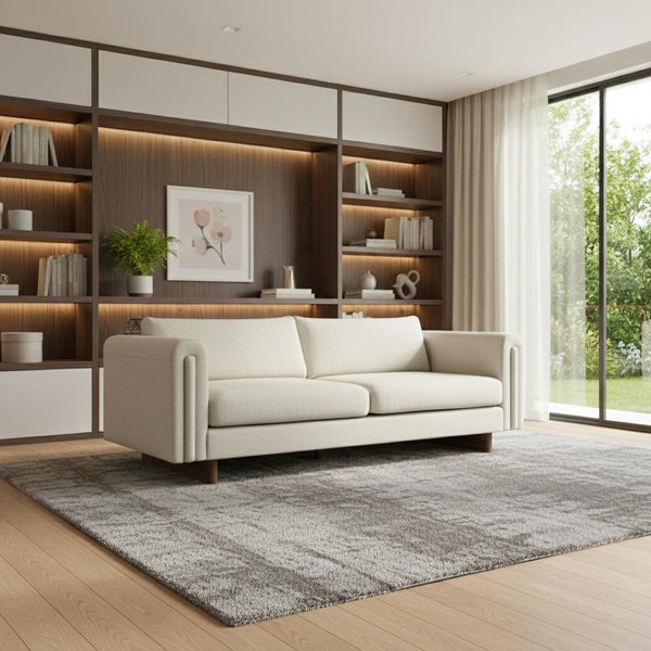 HomeRoots 84" Ivory Fabric Sofa with Walnut Legs - Stylish, Comfortable, Ready to Use, Perfect for Modern Living Rooms 641137