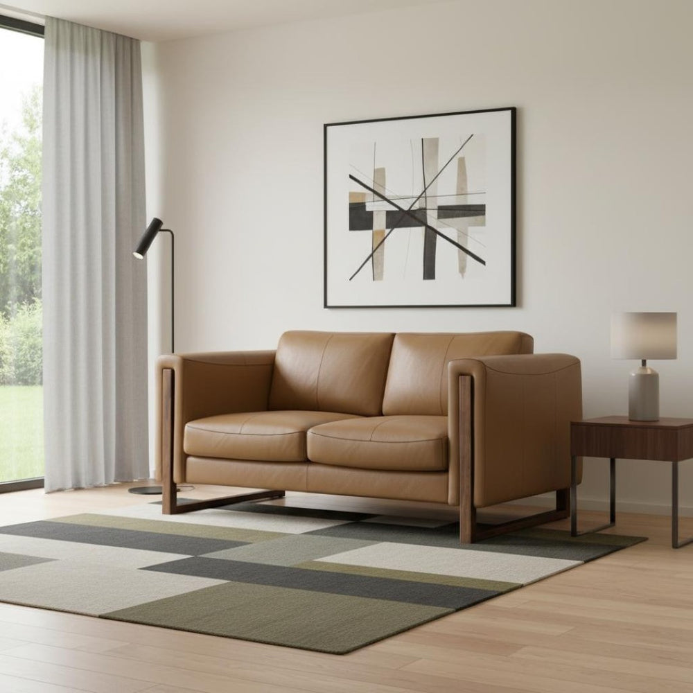 HomeRoots 62" Brown Leather Sofa - Stylish Compact Seating with Tufted Design, Walnut Legs & Easy Care Cushions 641138