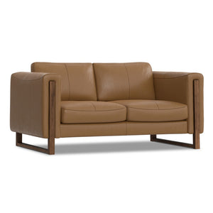 HomeRoots 62" Brown Leather Sofa - Stylish Compact Seating with Tufted Design, Walnut Legs & Easy Care Cushions 641138