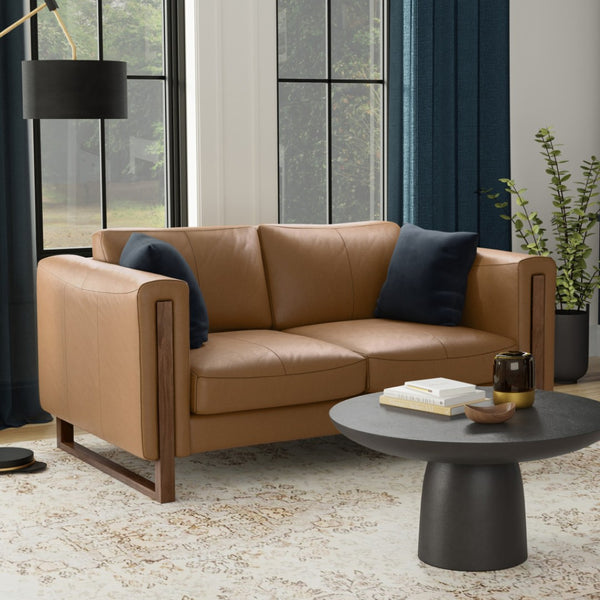 HomeRoots 62" Brown Leather Sofa - Stylish Compact Seating with Tufted Design, Walnut Legs & Easy Care Cushions 641138