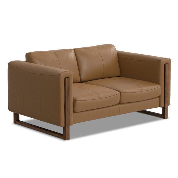 HomeRoots 62" Brown Leather Sofa - Stylish Compact Seating with Tufted Design, Walnut Legs & Easy Care Cushions 641138