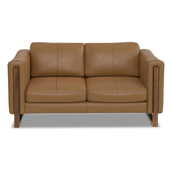 HomeRoots 62" Brown Leather Sofa - Stylish Compact Seating with Tufted Design, Walnut Legs & Easy Care Cushions 641138