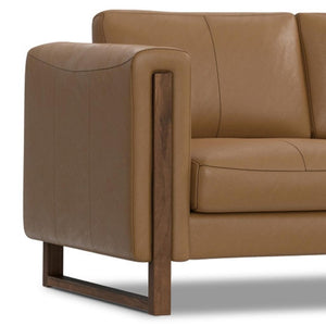HomeRoots 62" Brown Leather Sofa - Stylish Compact Seating with Tufted Design, Walnut Legs & Easy Care Cushions 641138