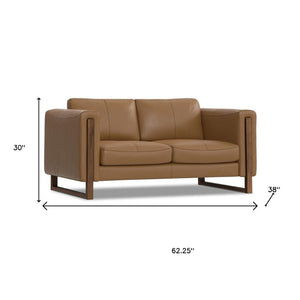 HomeRoots 62" Brown Leather Sofa - Stylish Compact Seating with Tufted Design, Walnut Legs & Easy Care Cushions 641138