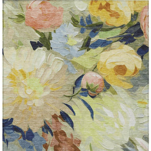 HomeRoots 5' Washable Floral Area Rug in Artichoke Green, Yellow & Blue - Perfect for Indoor & Outdoor Spaces! 641141