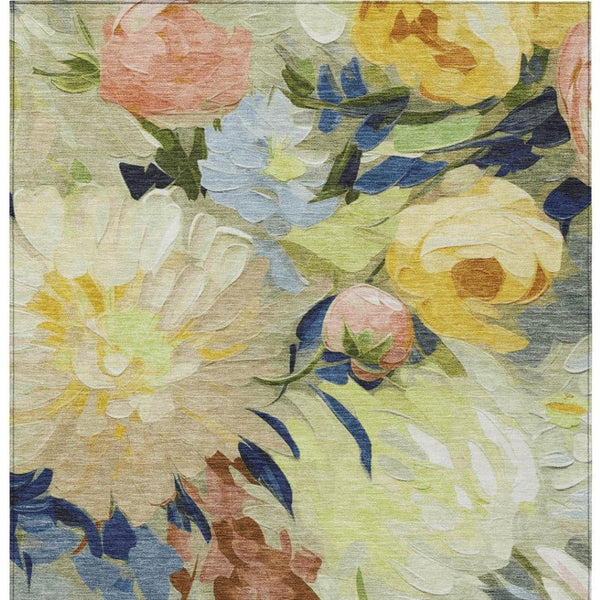 HomeRoots 5' Washable Floral Area Rug in Artichoke Green, Yellow & Blue - Perfect for Indoor & Outdoor Spaces! 641141