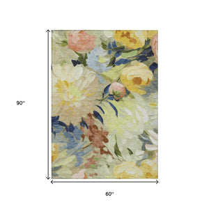 HomeRoots 5' Washable Floral Area Rug in Artichoke Green, Yellow & Blue - Perfect for Indoor & Outdoor Spaces! 641141