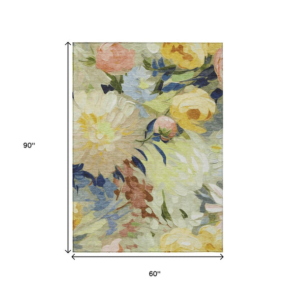 HomeRoots 5' Washable Floral Area Rug in Artichoke Green, Yellow & Blue - Perfect for Indoor & Outdoor Spaces! 641141
