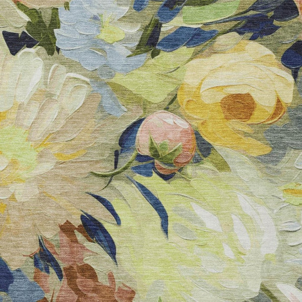 HomeRoots 5' Washable Floral Area Rug in Artichoke Green, Yellow & Blue - Perfect for Indoor & Outdoor Spaces! 641141