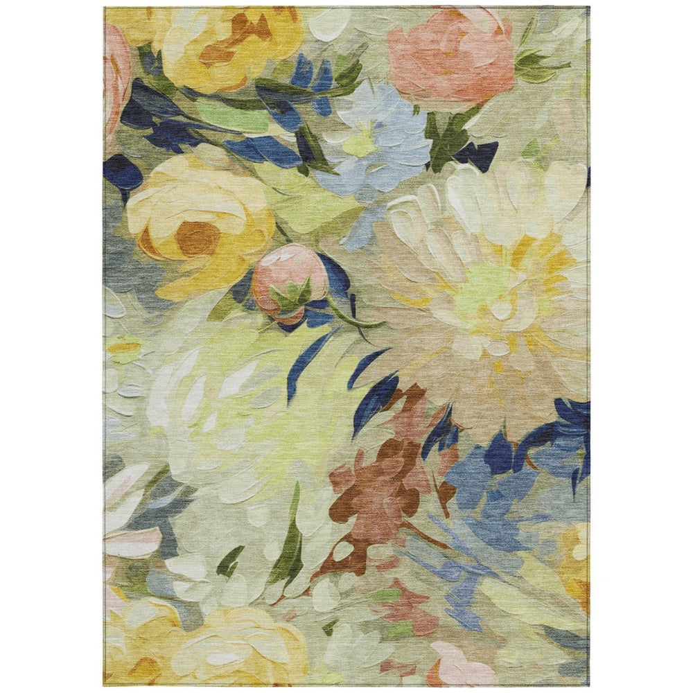 HomeRoots 5' Washable Floral Area Rug in Artichoke Green, Yellow & Blue - Perfect for Indoor & Outdoor Spaces! 641141