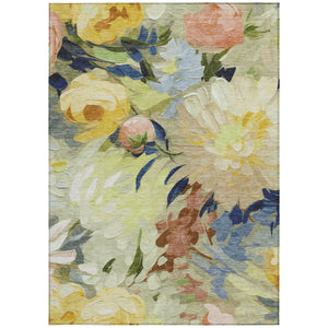 HomeRoots 5' Washable Floral Area Rug in Artichoke Green, Yellow & Blue - Perfect for Indoor & Outdoor Spaces! 641141