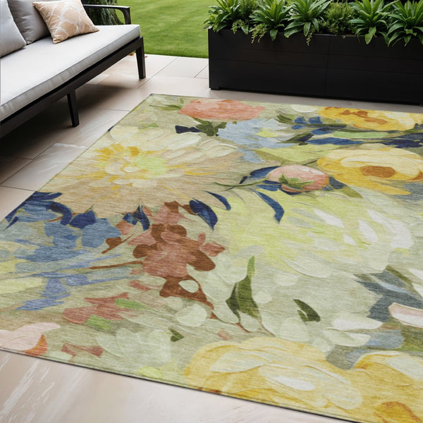 HomeRoots 5' Washable Floral Area Rug in Artichoke Green, Yellow & Blue - Perfect for Indoor & Outdoor Spaces! 641141